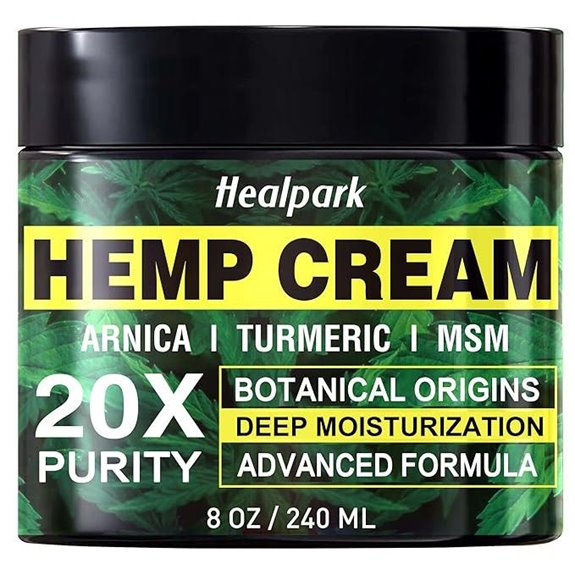 Healpark Hemp Cream 8 fl oz - Arnica,MSM Turmeric Emu Oil Menthol Aloe