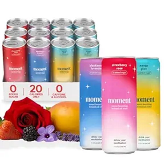 Moment Botanical Soda: Sparkling Fruity Drink with L-Theanine & Ashwagandha (12-pack)